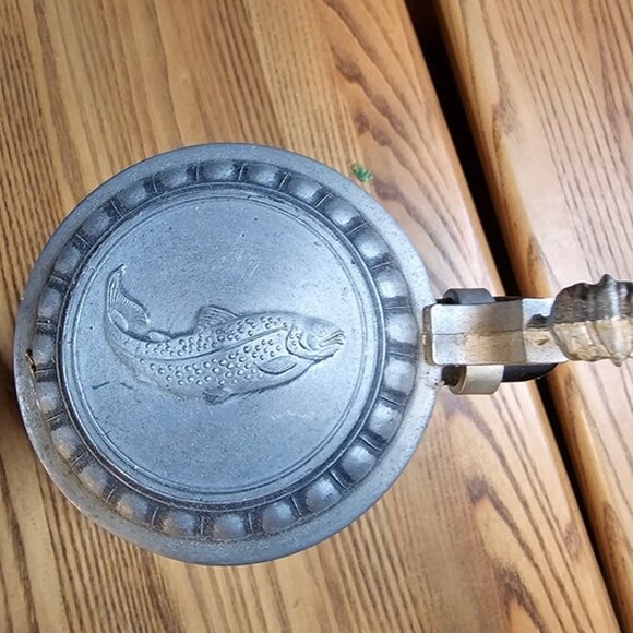 Vintage Fishing Man Ceramic Collectible Beer Stein with Fine Pewter Flip Lid - Picture 2 of 8